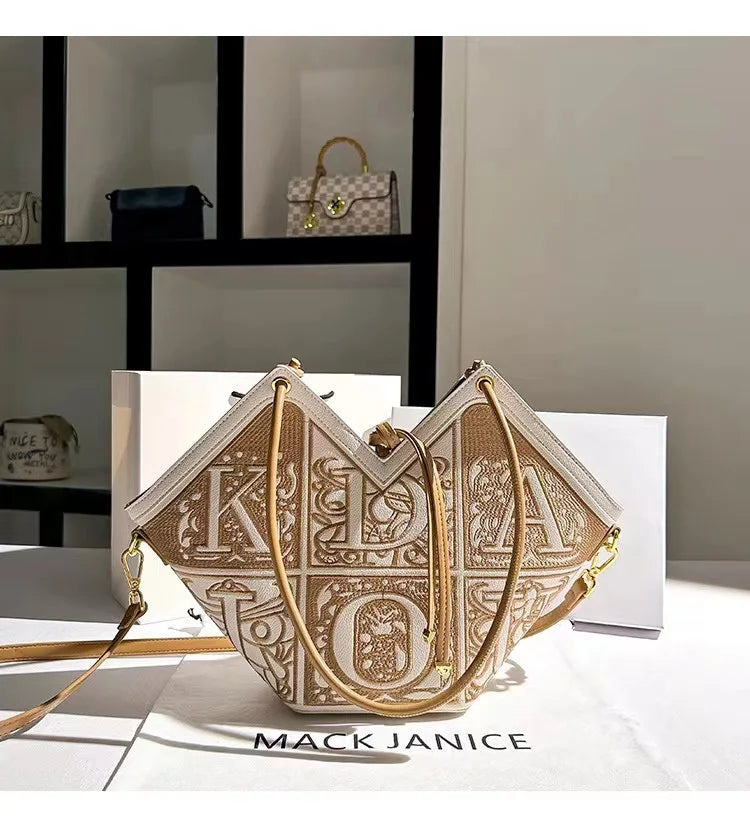 Autumn Textured Luxury Embroidery Striped Bucket Bag Women Fashion Handbag Lady Purse Female Shoulder Messenger Bag Casual Bag