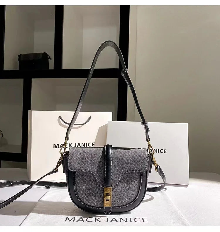 Autumn Winter Denim Textured Half Moon Bag Women's Handbag Fashion Shoulder Messenger Bag Lady Purse Female Casual Bag